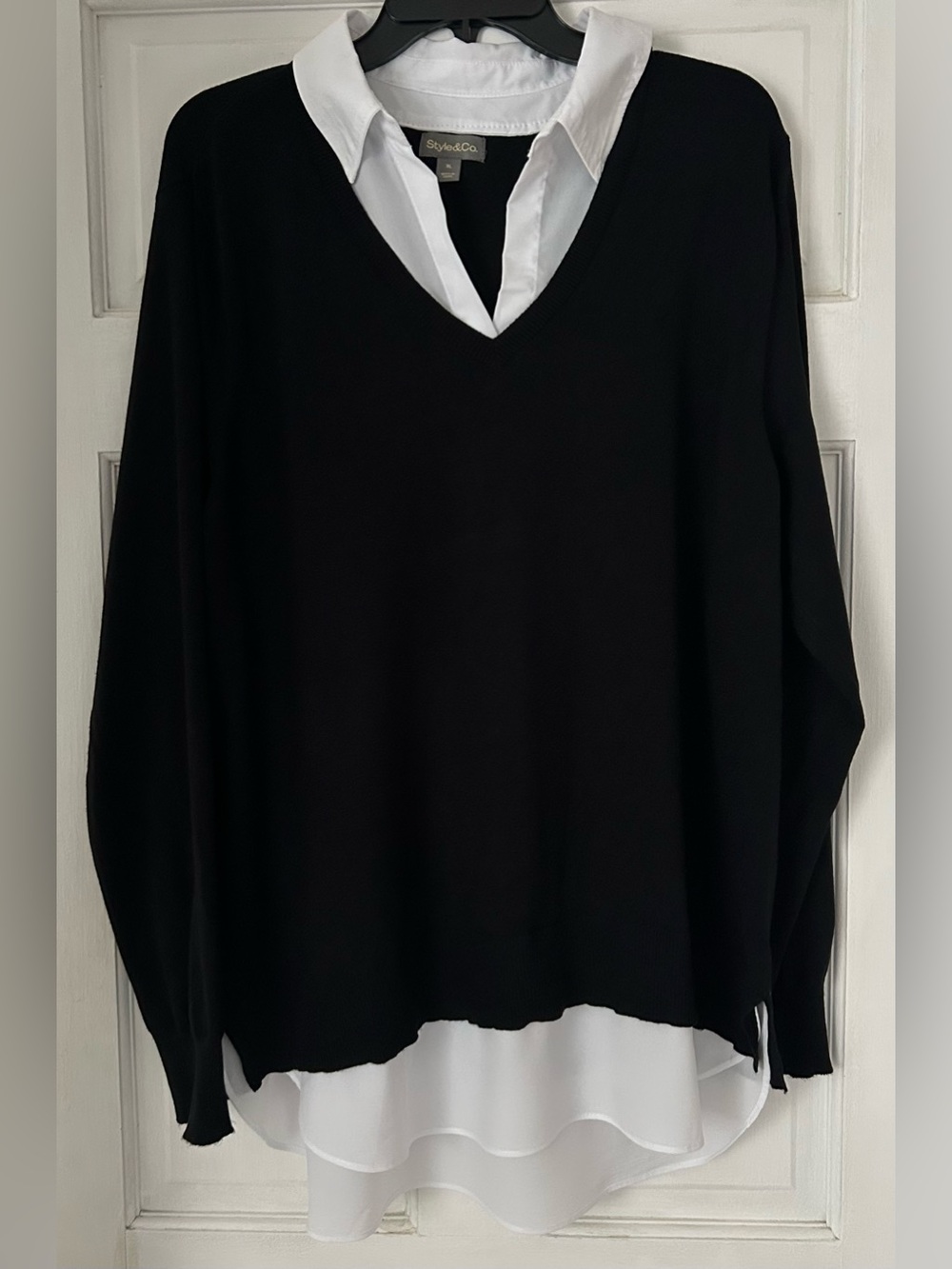 Style & Co Layered Mock 2-in-1 Shirt Pullover Sweater Black White XL